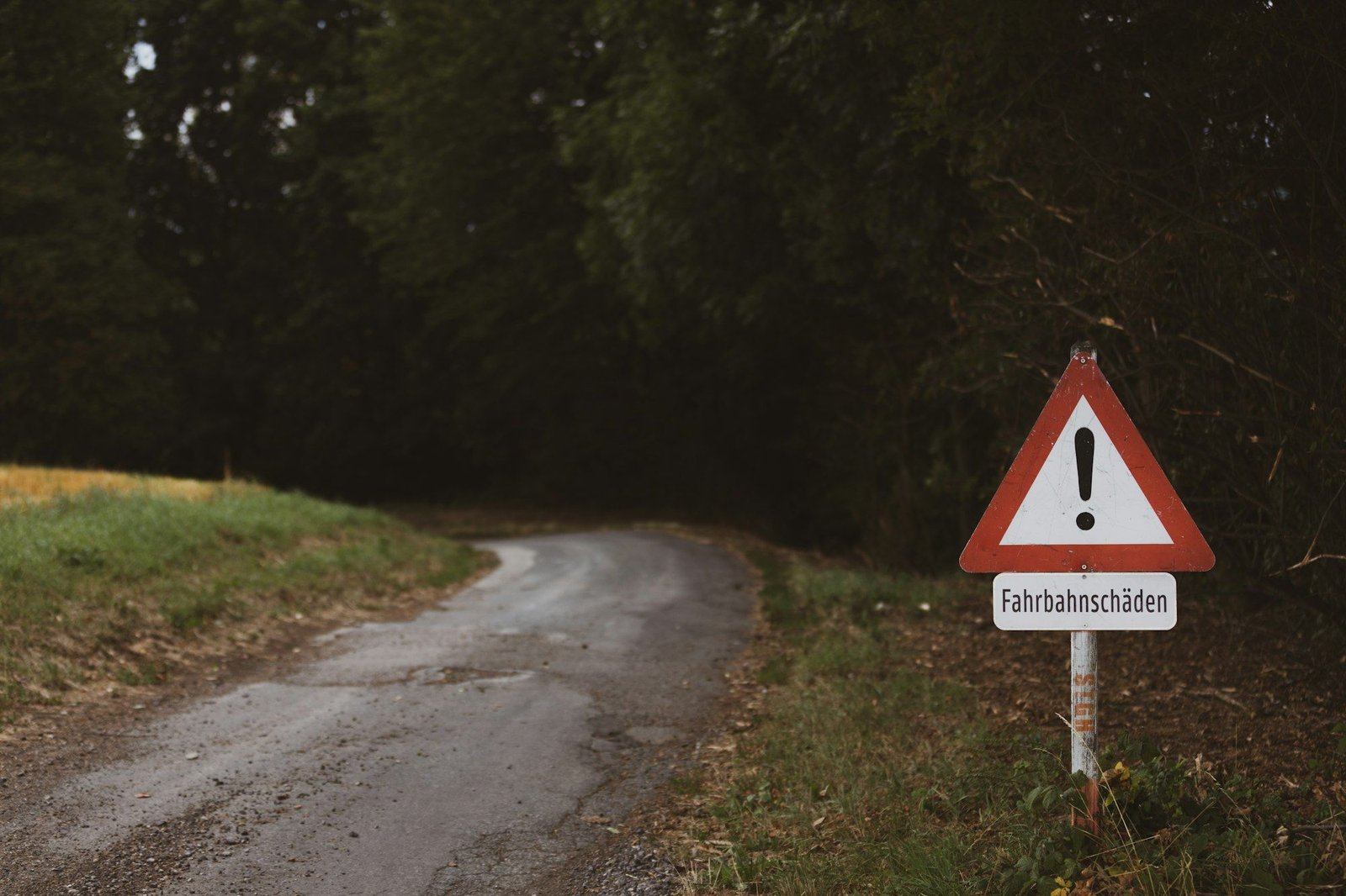 A red triangular warning sign beside a narrow country road