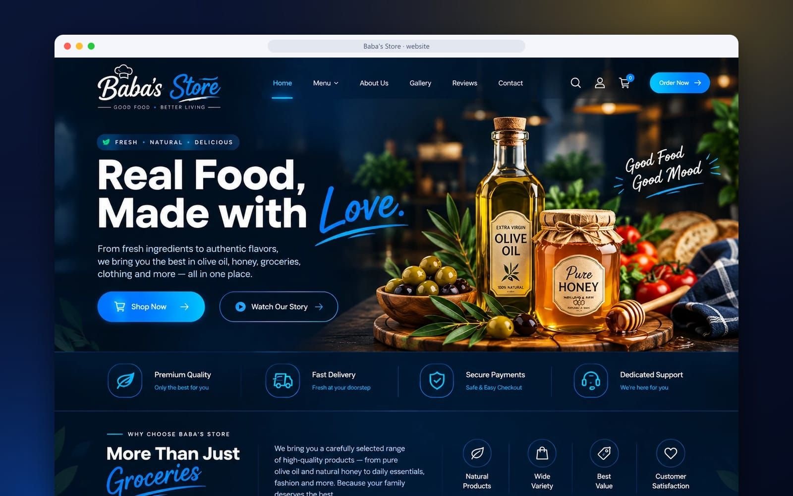 Home page design for a grocery and food store, with olive oil and honey on a wooden board and the headline Real Food, Made with Love