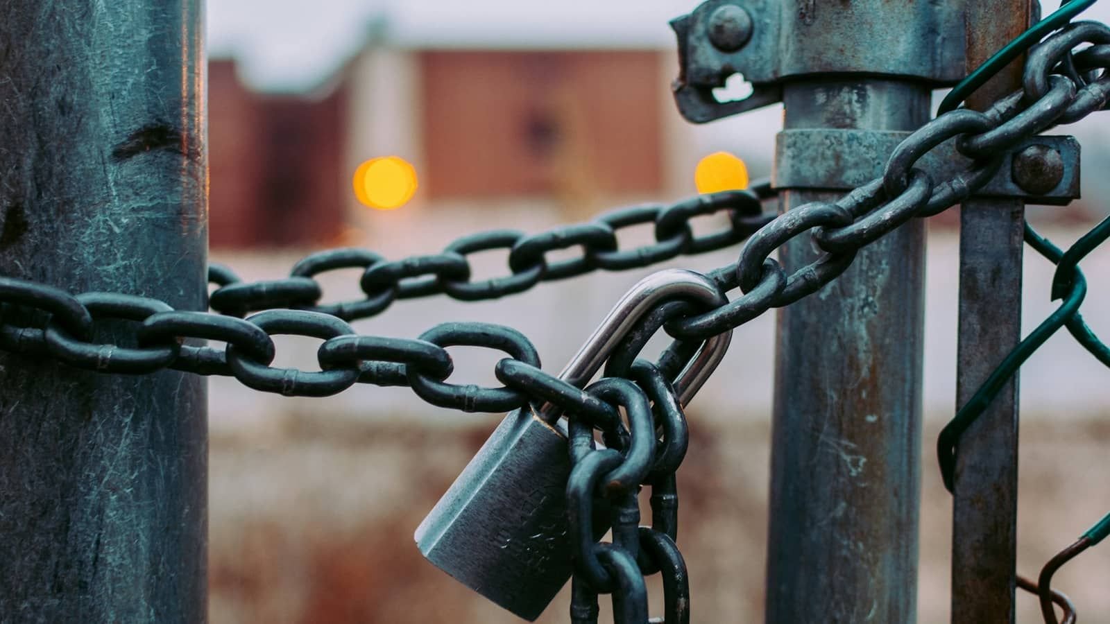 A heavy chain and padlock holding a metal gate shut